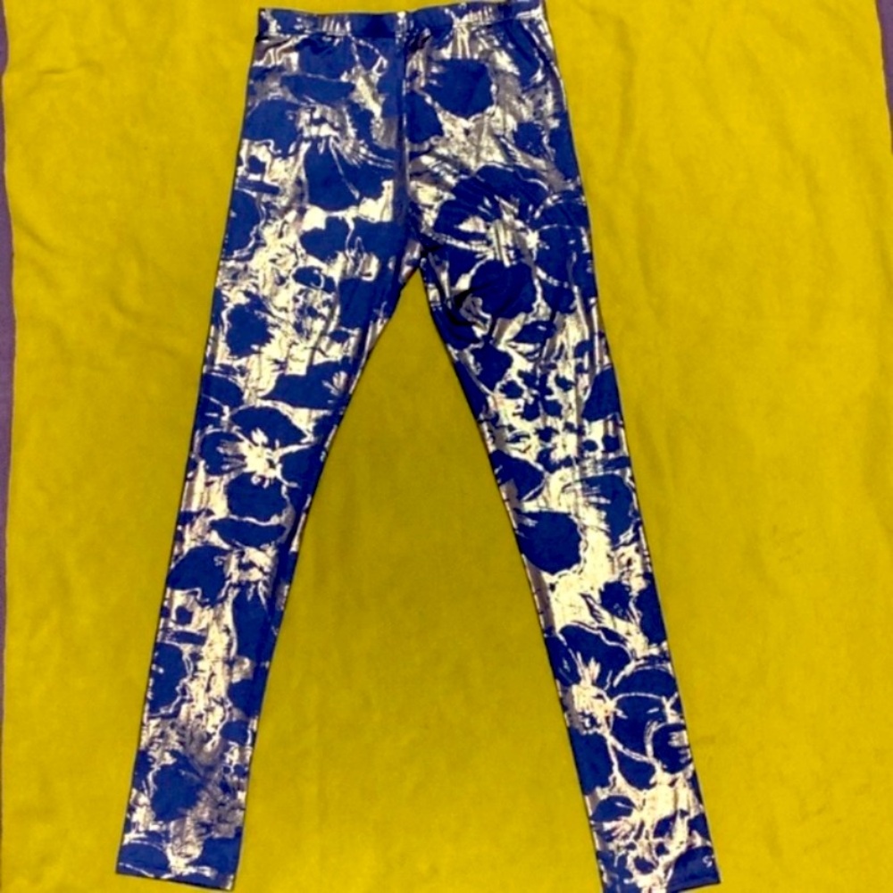 Blue Metallic Floral Girls Pants